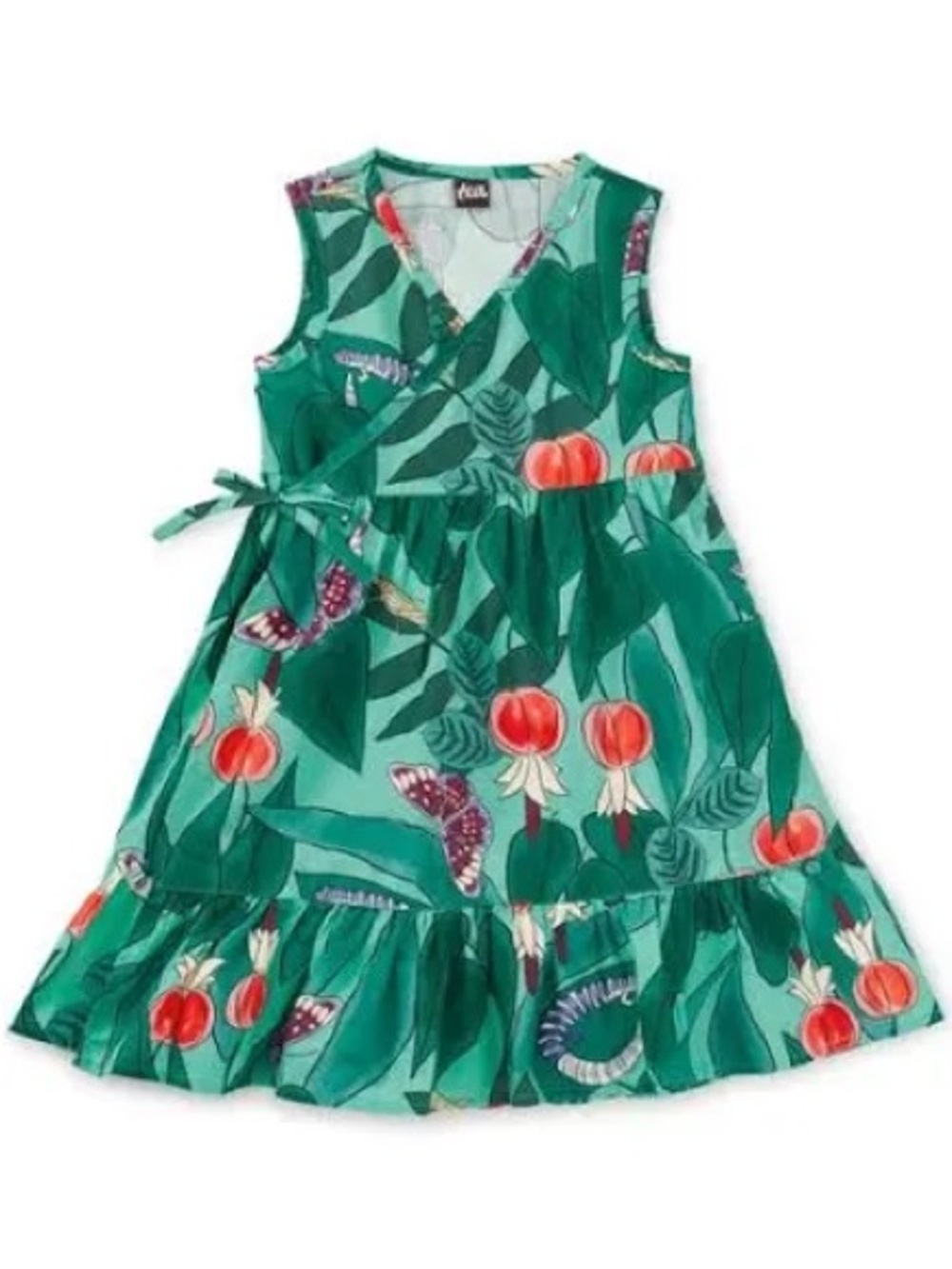 Tea Collection Green Tropical Wrap Dress with Fruit Motif